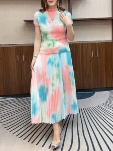 Middle Eastern Ramadan Summer New Ruffle Fashion Slim Fit Shirt Print Pleated Skirt Two Piece Set Women：圖片 2