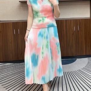 Middle Eastern Ramadan Summer New Ruffle Fashion Slim Fit Shirt Print Pleated Skirt Two Piece Set Women