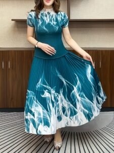 Middle Eastern Ramadan Summer Fashion Casual Set Women's New Printed Stretch Corn Pleated Top Skirt Two-Piece Set：圖片 2