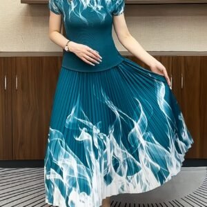 Middle Eastern Ramadan Summer Fashion Casual Set Women's New Printed Stretch Corn Pleated Top Skirt Two-Piece Set