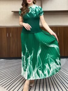 Middle Eastern Ramadan Summer Fashion Casual Set Women's New Printed Stretch Corn Pleated Top Skirt Two-Piece Set：圖片 3