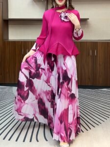 Middle Eastern Ramadan pleats European and American three-dimensional flowers cinched waist irregular pressed pleated top high waist printed pleated skirt：圖片 2