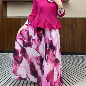 Middle Eastern Ramadan pleats European and American three-dimensional flowers cinched waist irregular pressed pleated top high waist printed pleated skirt