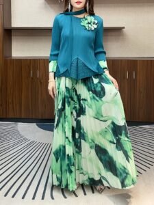 Middle Eastern Ramadan pleats European and American three-dimensional flowers cinched waist irregular pressed pleated top high waist printed pleated skirt：圖片 3
