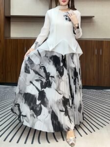 Middle Eastern Ramadan pleats European and American three-dimensional flowers cinched waist irregular pressed pleated top high waist printed pleated skirt：圖片 4