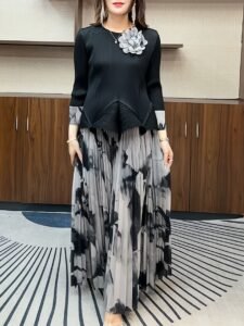 Middle Eastern Ramadan pleats European and American three-dimensional flowers cinched waist irregular pressed pleated top high waist printed pleated skirt：圖片 5