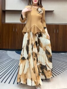 Middle Eastern Ramadan pleats European and American three-dimensional flowers cinched waist irregular pressed pleated top high waist printed pleated skirt：圖片 6