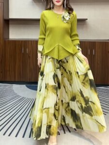 Middle Eastern Ramadan pleats European and American three-dimensional flowers cinched waist irregular pressed pleated top high waist printed pleated skirt：圖片 7