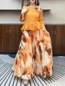 Middle Eastern Ramadan pleats European and American three-dimensional flowers cinched waist irregular pressed pleated top high waist printed pleated skirt：圖片 8