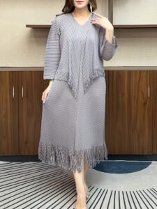 Middle East Ramadan Spring 2025 New Tassel Pleated Suit Vest Dress Triple Sleeve Jacket Set of Two：圖片 2