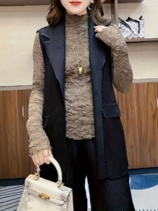 Middle East Ramadan vest vest autumn new slimming spring and autumn suit versatile temperament sleeveless fashion cardigan pleated jacket：圖片 4
