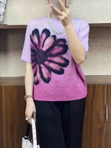 Middle Eastern Ramadan summer new round neck bat sleeve Japanese and Korean casual style pullover sunflower print slim short sleeve T-shirt：圖片 2