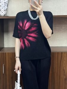 Middle Eastern Ramadan summer new round neck bat sleeve Japanese and Korean casual style pullover sunflower print slim short sleeve T-shirt：圖片 5
