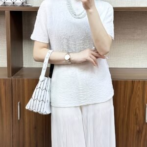 Middle Eastern Ramadan Versatile Crew Neck Top Cuffed Fashion Summer Short Sleeve T-Shirt Casual Temperament Embossed Simple Solid Color Black & White Top
