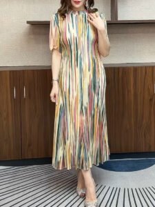 Middle Eastern Ramadan high-end color striped half-high neck short sleeve pleated dress loose and thin A-line skirt women's new style：圖片 2