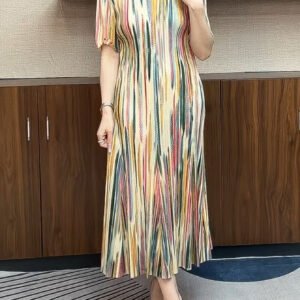 Middle Eastern Ramadan high-end color striped half-high neck short sleeve pleated dress loose and thin A-line skirt women's new style